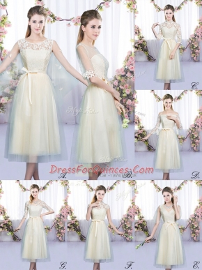Sweet Tulle Scoop Sleeveless Lace Up Lace and Belt Dama Dress in Champagne