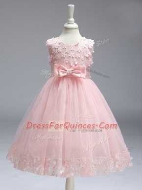 High Quality Baby Pink A-line Scoop Sleeveless Tulle Knee Length Zipper Lace and Bowknot Pageant Gowns For Girls
