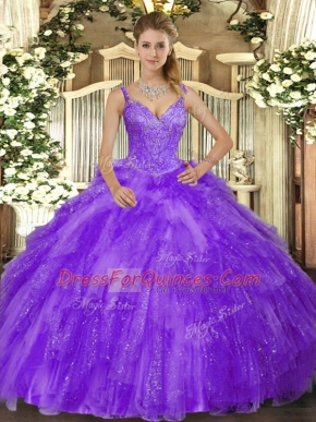 Best Lavender Sleeveless Floor Length Beading and Ruffles Lace Up Quinceanera Dresses