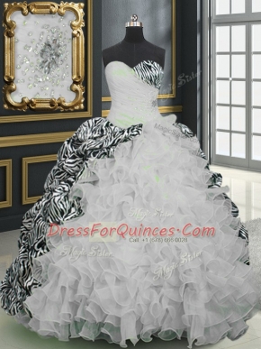Sweetheart Sleeveless 15th Birthday Dress With Brush Train Beading and Ruffles and Pattern White Organza and Printed