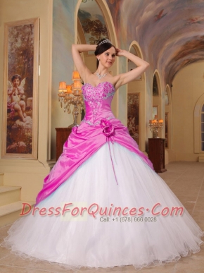Sweetheart Beadings Hand Made Flower Taffeta Tulle Hot Pink and White Best Quinceanera Dresses