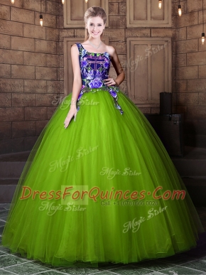 Ball Gowns Vestidos de Quinceanera Olive Green One Shoulder Tulle Sleeveless Floor Length Lace Up