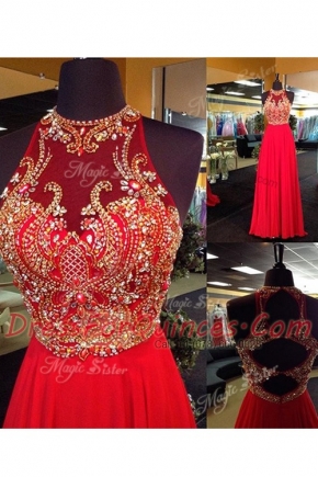 Vintage Red Criss Cross Dress for Prom Beading and Appliques Sleeveless Floor Length