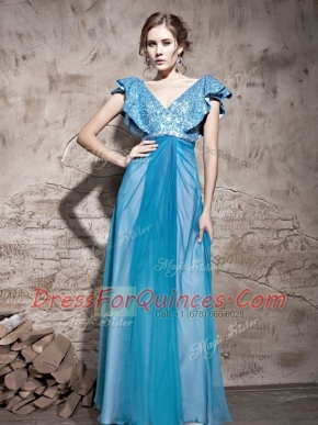 Floor Length Teal Prom Dress Tulle Cap Sleeves Sequins