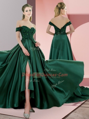 Excellent Sleeveless Satin Sweep Train Lace Up Homecoming Dress in Green with Beading