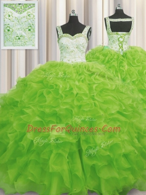 Pretty Yellow Green Lace Up Sweet 16 Quinceanera Dress Beading and Ruffles Sleeveless Floor Length