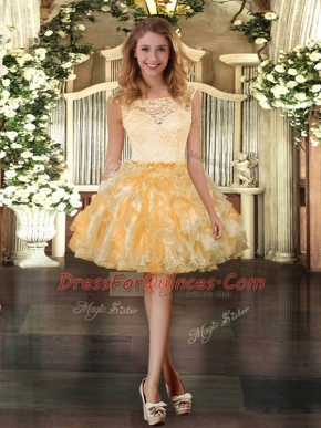 Gold Sleeveless Lace and Ruffles Mini Length Prom Evening Gown