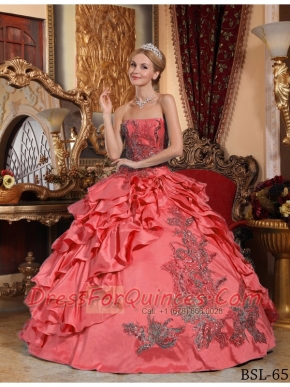 Sweet 16 Dresses In Coral Red Ball Gown Strapless Floor-length Taffeta Appliques