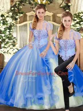 Blue Two Pieces Strapless Sleeveless Tulle Floor Length Lace Up Beading and Ruffles Ball Gown Prom Dress