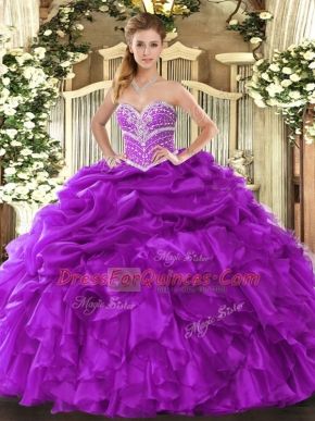 Dramatic Purple Sleeveless Floor Length Beading and Ruffles and Pick Ups Lace Up Quinceanera Dress