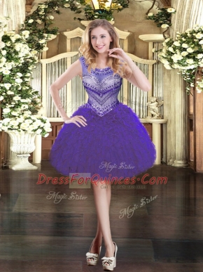 Purple Zipper Scoop Beading and Ruffles Prom Party Dress Organza Sleeveless