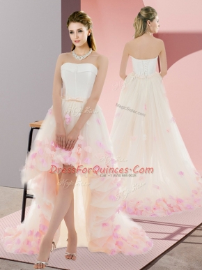 Sumptuous Champagne Strapless Neckline Appliques Prom Party Dress Sleeveless Lace Up
