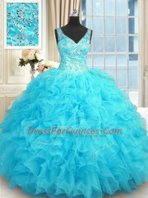 Exquisite Baby Blue Zipper Quinceanera Gown Beading and Ruffles Sleeveless Floor Length