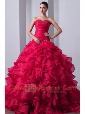 Luxurious A-Line / Princess Sweetheart Hot Pink Brush Train Organza Ruffles Quinceanea Dress