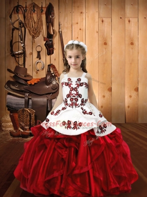 Cute Wine Red Lace Up Straps Embroidery and Ruffles Little Girls Pageant Dress Wholesale Organza Sleeveless