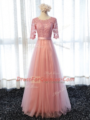 Spectacular Scoop Half Sleeves Lace Up Vestidos de Damas Pink Tulle