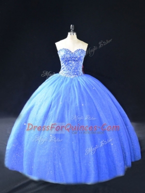 Blue Lace Up Sweetheart Beading Quince Ball Gowns Tulle Sleeveless