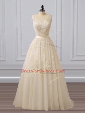 Shining Champagne Sleeveless Tulle Brush Train Lace Up Prom Evening Gown for Prom and Party and Military Ball