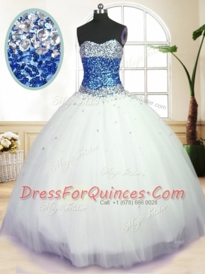 Floor Length White 15th Birthday Dress Tulle Sleeveless Beading