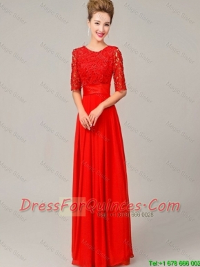 Fashionable Scoop Laced Red Prom Dresses with Half Sleeves