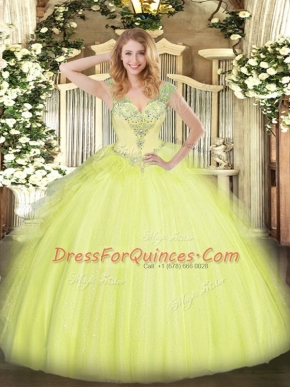 Exquisite Yellow Green Lace Up Quinceanera Gowns Beading and Ruffles Sleeveless Floor Length