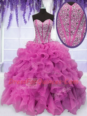 Hot Pink Lace Up Sweet 16 Dresses Beading and Ruffles Sleeveless Floor Length