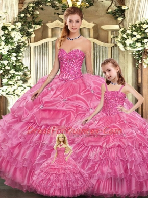 Dazzling Floor Length Rose Pink Ball Gown Prom Dress Organza Sleeveless Beading and Ruffled Layers