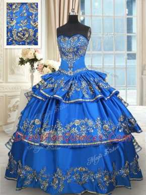 Blue 15 Quinceanera Dress Military Ball and Sweet 16 and Quinceanera and For with Beading and Embroidery and Ruffled Layers Sweetheart Sleeveless Lace Up