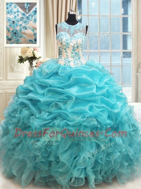 Dramatic Scoop Sleeveless Zipper Floor Length Appliques and Ruffles and Pick Ups Ball Gown Prom Dress