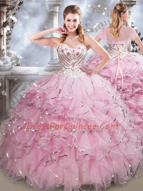 Unique Baby Pink Ball Gowns Sweetheart Sleeveless Organza Floor Length Lace Up Beading and Ruffles Quinceanera Gown