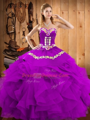 Classical Eggplant Purple Ball Gowns Embroidery and Ruffles Quinceanera Gown Lace Up Satin and Organza Sleeveless Floor Length