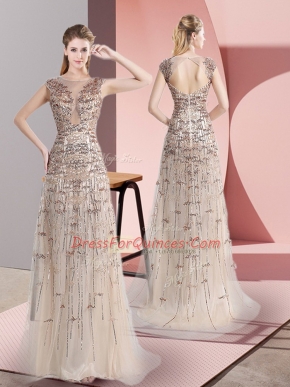 Sleeveless Beading Zipper Evening Dress with Champagne Brush Train