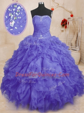 Purple Sleeveless Floor Length Beading and Ruffles and Ruching Lace Up 15 Quinceanera Dress