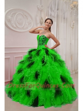 Green and Black Ball Gown Sweetheart Orangza Beading and Ruch Quinceanera Dress