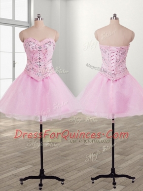 Exceptional Baby Pink Sleeveless Mini Length Beading Lace Up Prom Dresses