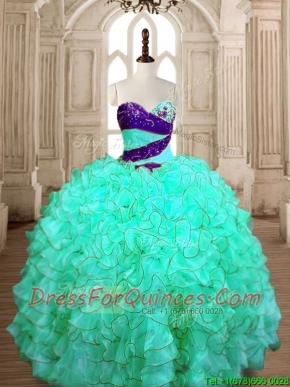 Wonderful Beaded and Ruffled Quinceanera Dress in Turquoise for Spring