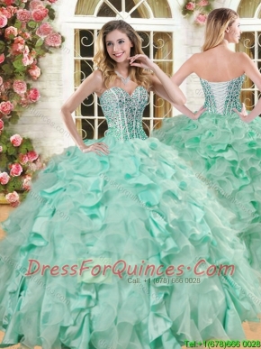 Lovely Big Puffy Apple Green Quinceanera Gown with Beading and Ruffles
