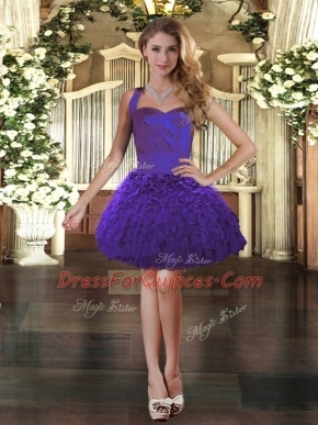 Purple Ball Gowns Ruffles Prom Evening Gown Lace Up Organza Sleeveless Mini Length