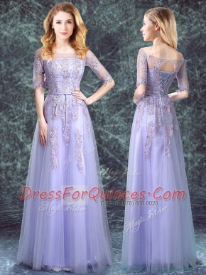 Square Appliques Quinceanera Court of Honor Dress Lavender Lace Up Half Sleeves Floor Length
