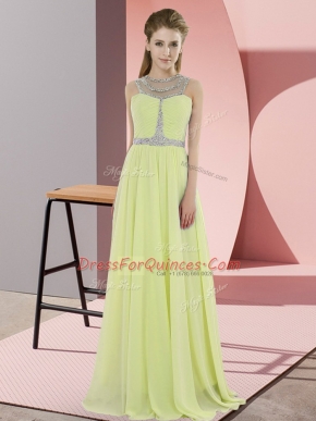 Yellow Zipper Scoop Beading Prom Gown Chiffon Sleeveless