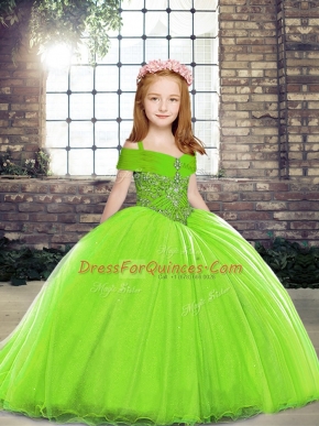 Straps Sleeveless Brush Train Lace Up Girls Pageant Dresses Tulle