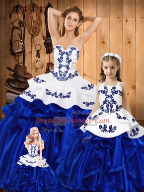 Blue 15 Quinceanera Dress Military Ball and Sweet 16 and Quinceanera with Embroidery and Ruffles Strapless Sleeveless Lace Up