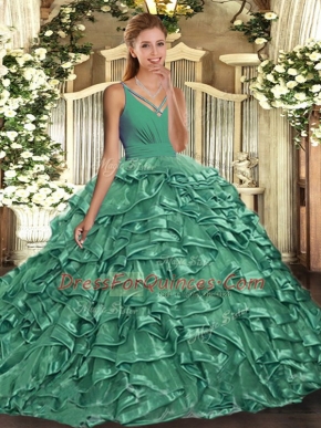 Green V-neck Neckline Beading and Ruffles Quinceanera Gowns Sleeveless Backless