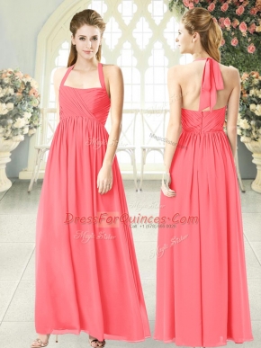 Perfect Chiffon Halter Top Sleeveless Zipper Ruching in Watermelon Red