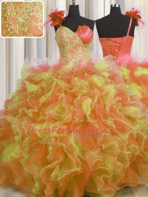 Extravagant One Shoulder Handcrafted Flower Multi-color Ball Gowns Beading and Ruffles and Hand Made Flower Sweet 16 Quinceanera Dress Lace Up Tulle Sleeveless Floor Length