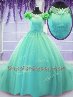 Attractive Scoop Short Sleeves Hand Made Flower Lace Up Quinceanera Dresses with Turquoise Court Train
