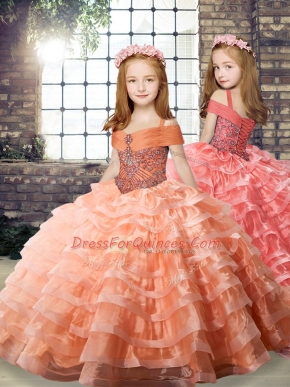Orange Lace Up Pageant Dress Womens Beading and Ruffled Layers Long Sleeves Brush Train