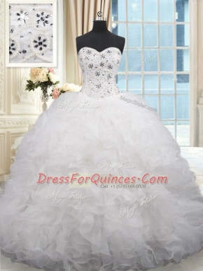 Flare Sleeveless Organza Brush Train Lace Up 15th Birthday Dress in White with Beading and Ruffles