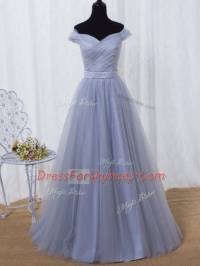 Ideal Lavender Sleeveless Ruching and Belt Floor Length Homecoming Dress