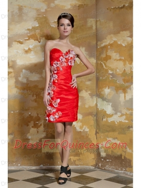 Prom Dress Red Column Sweetheart Mini-length Taffeta Hand Made Flowers
